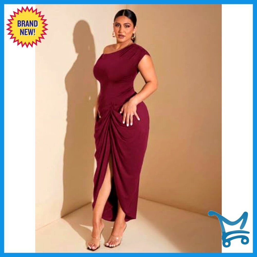 Plus Size Asymmetrical Neck Long Dress Ruched Slit Hem Elegant Cocktail - Picture 3 of 7